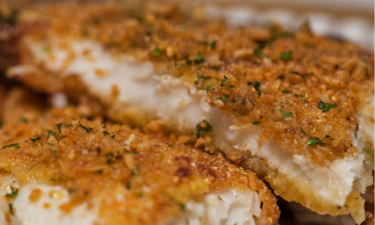 Cornbread Encrusted Grouper with Mustard Bacon Butter Sauce