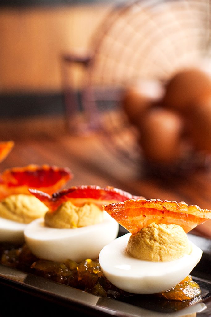 Farm Fresh Deviled Eggs w/ Candied Bacon and Sweet Onion Marmalade