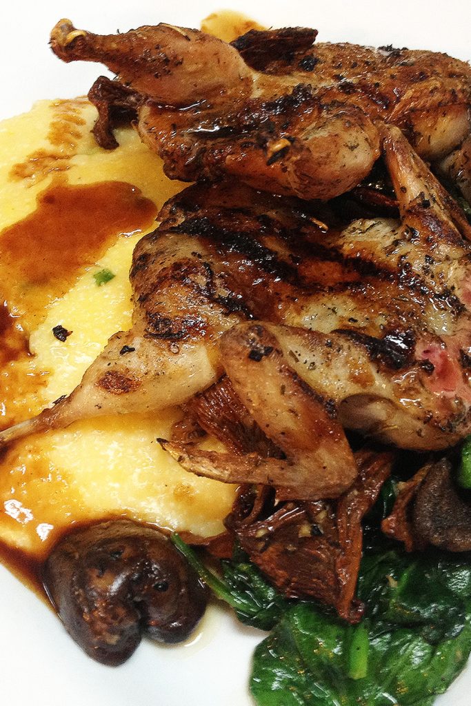 Manchester Farms Grilled Quail with Yellow Adluh Grits