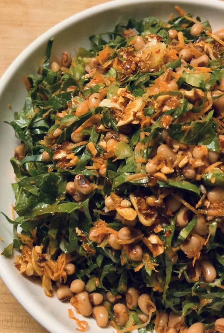 Collard Green, Black Eyed Pea, and Carrot Salad with Chili Crisp