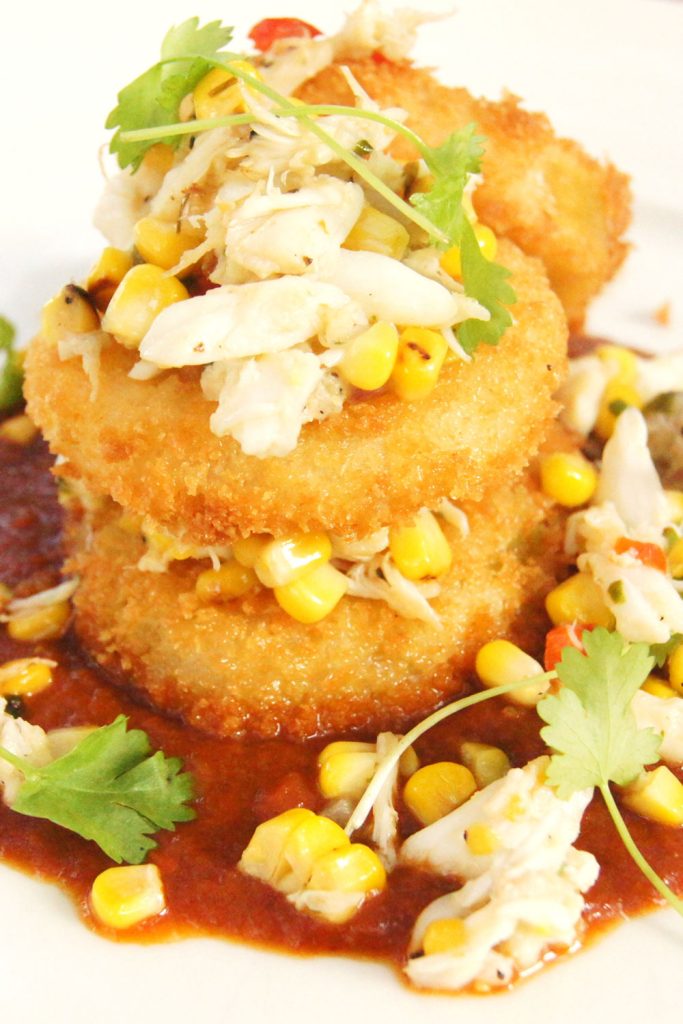 Fried Green Tomatoes with Charred Corn Salsa and Local Blue Crab