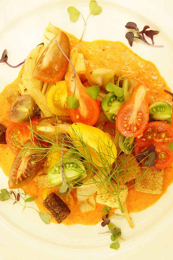 Heirloom Tomato Gazpacho with Parmesan and Basil Oil